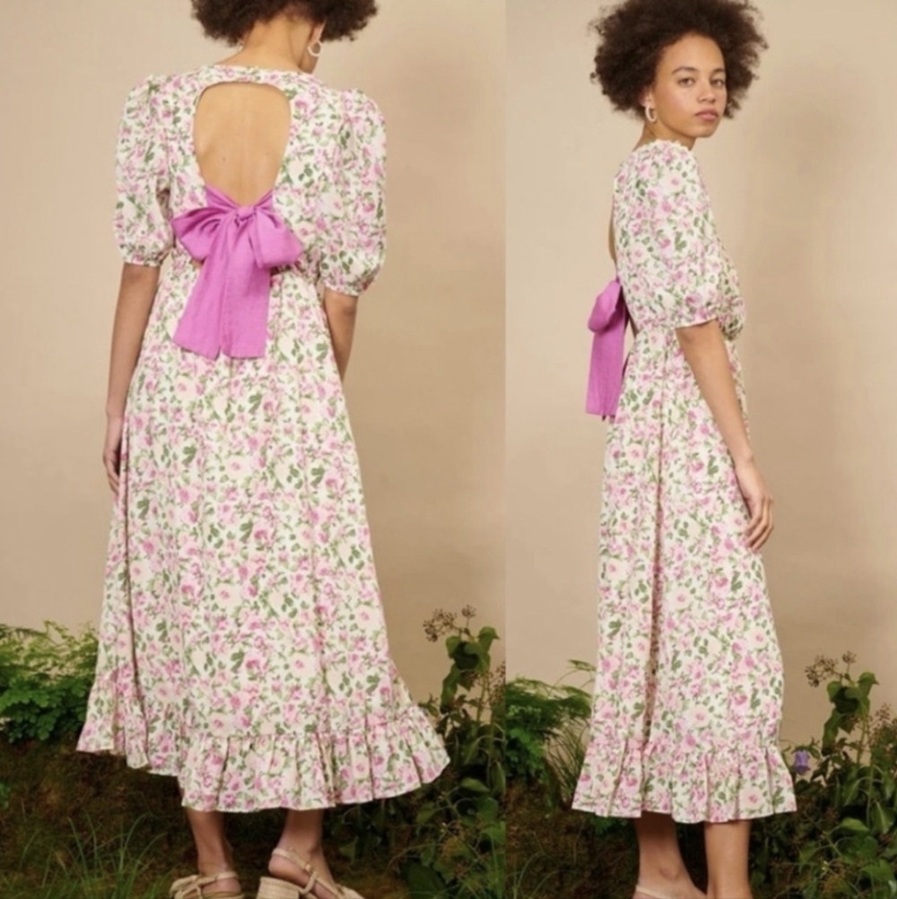 Sister Jane Pink Floral Midi Dress with Fuchsia Bow